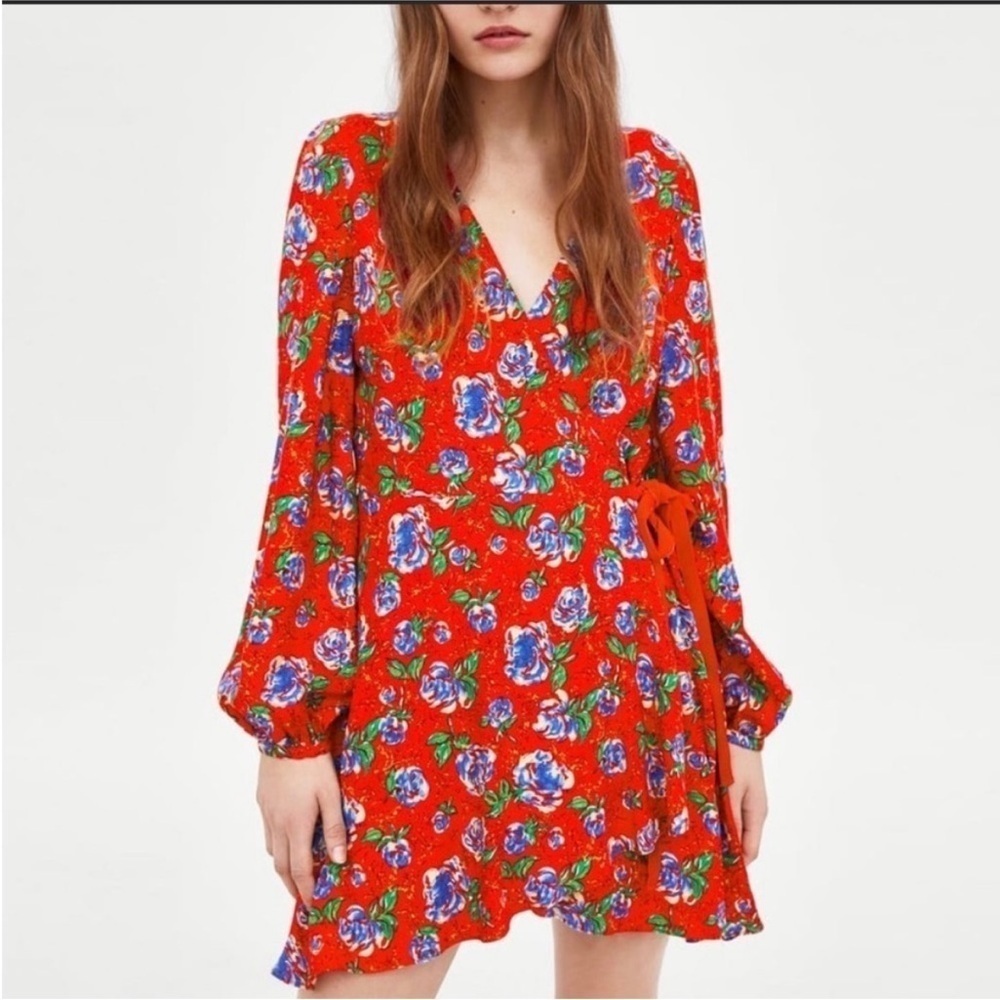 Zara | NWT Red Floral Wrap V-Neck Ruched 3/4-Length Sleeve Dress XS